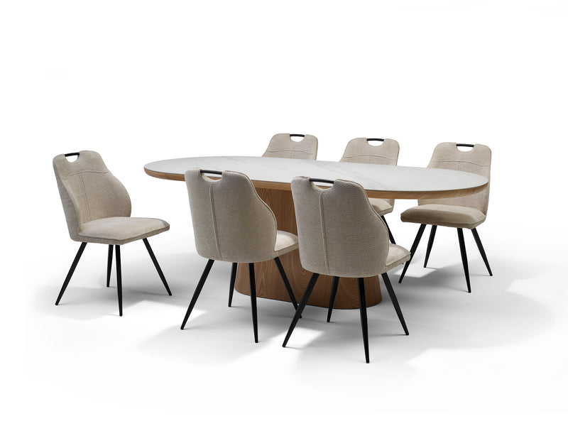 DELOS | DECKSTONE - SINTERED STONE | Eetkamertafel Travertin 220x100 Eiken naturel kolomvoet