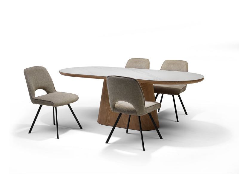 DELOS | DECKSTONE - SINTERED STONE | Eetkamertafel Travertin 220x100 Eiken naturel kolomvoet