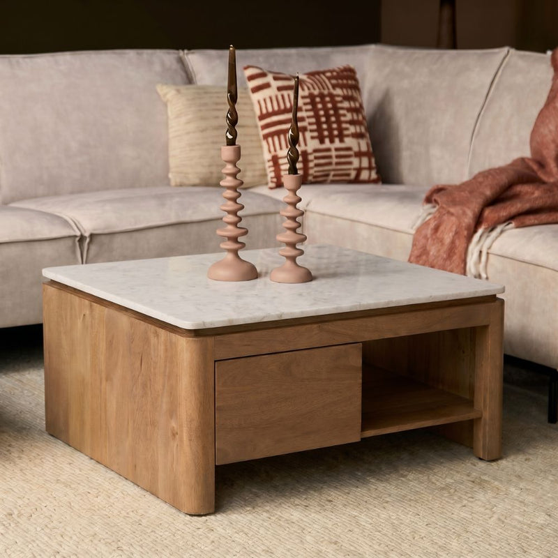 Vierkante Dallas | Mangohout | 1 lade | Salontafel Naturel 80 cm
