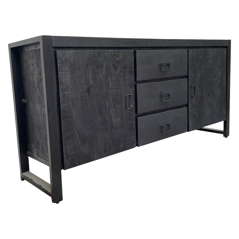 Dressoir Boaz Black | Mangohout | Zwart | 2 deuren | 3 lades | 160 x 80 cm | 160 cm
