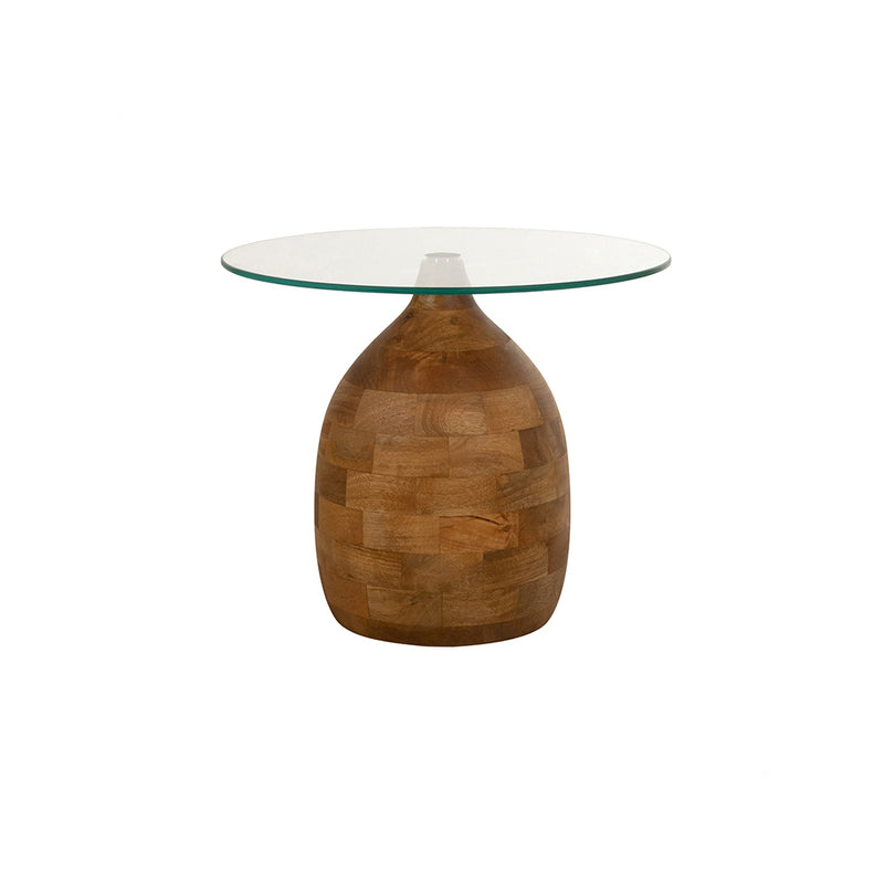 Stella | Massief Mangohout - Smooth Natural - Gelakt | 100 x 7 cm | salontafel Ø, H43, , Clear glass
