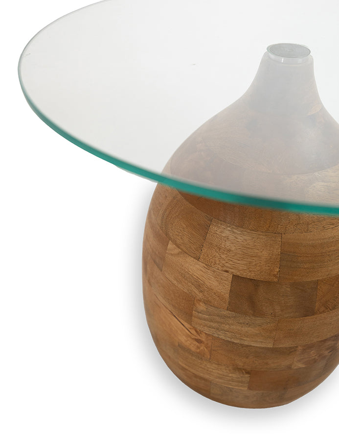 Stella | Massief Mangohout - Smooth Natural - Gelakt | 100 x 7 cm | salontafel Ø, H43, , Clear glass