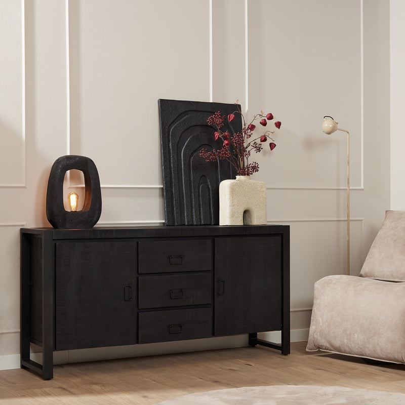 Dressoir Boaz Black | Mangohout | Zwart | 2 deuren | 3 lades | 160 x 80 cm | 160 cm