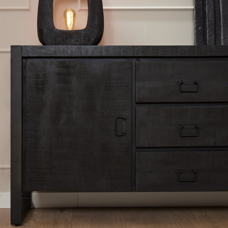 Dressoir Boaz Black | Mangohout | Zwart | 2 deuren | 3 lades | 160 x 80 cm | 160 cm