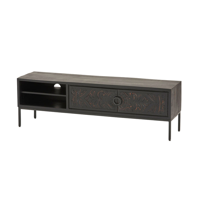 Tv dressoir Carving | Massief Mangohout - Zwart - Gelakt | 160 x 50 cm | met 2 deuren en 2 open vakken