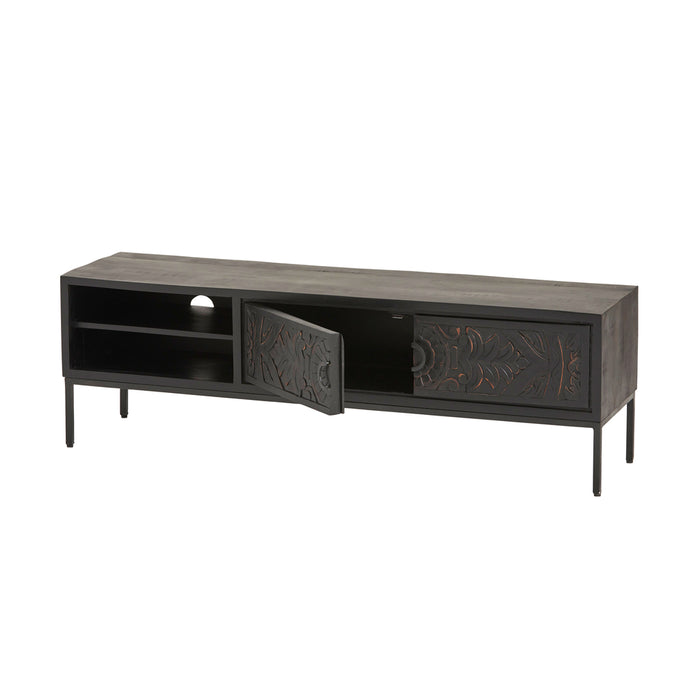 Tv dressoir Carving | Massief Mangohout - Zwart - Gelakt | 160 x 50 cm | met 2 deuren en 2 open vakken